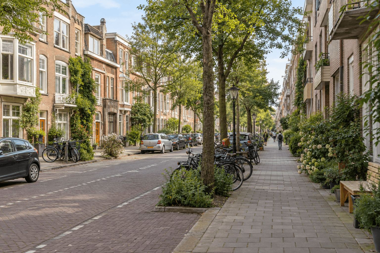 Een groene Nederlandse woonstraat met bakstenen huizen en fietsen