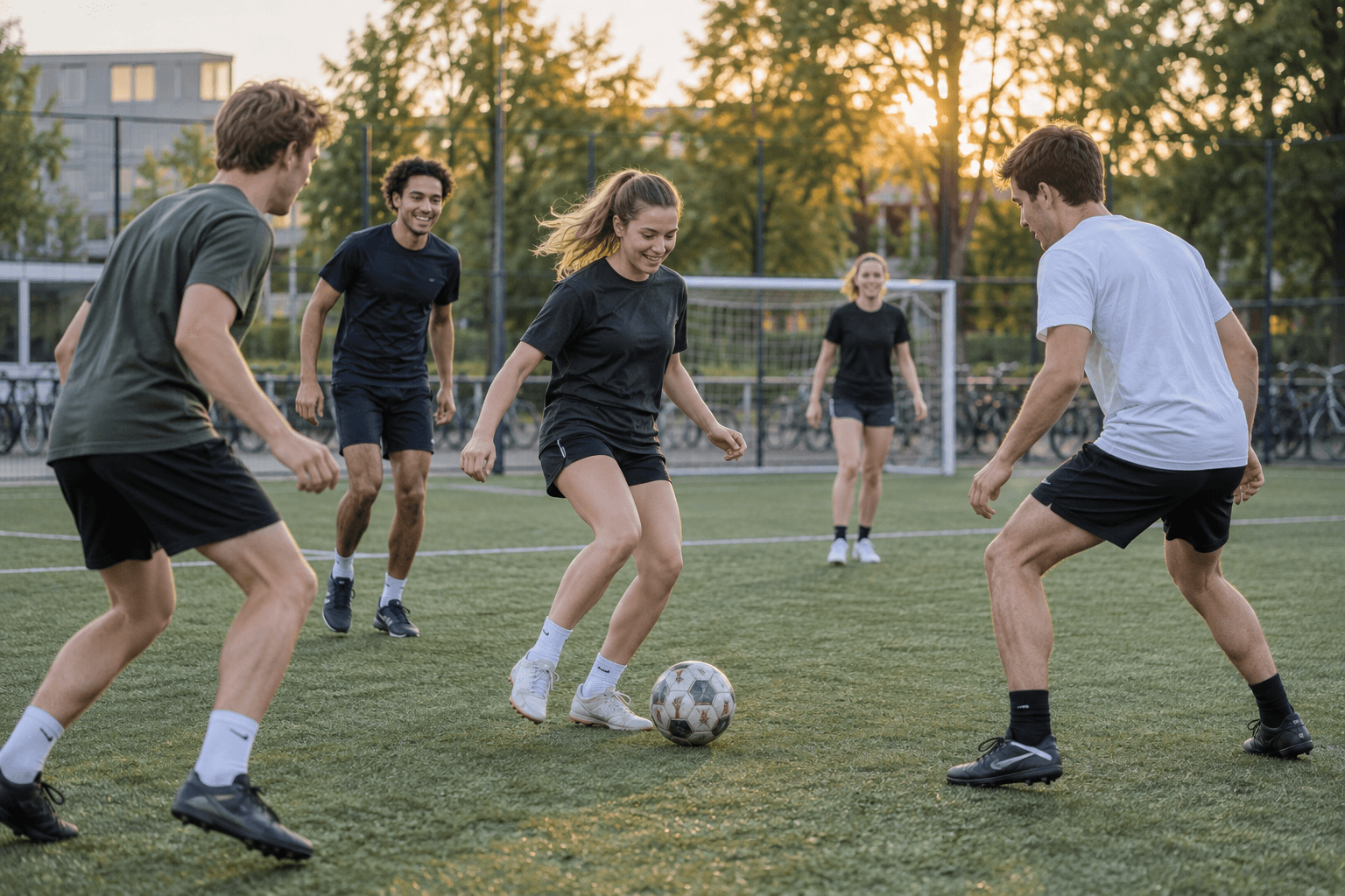 Studenten die samen voetballen