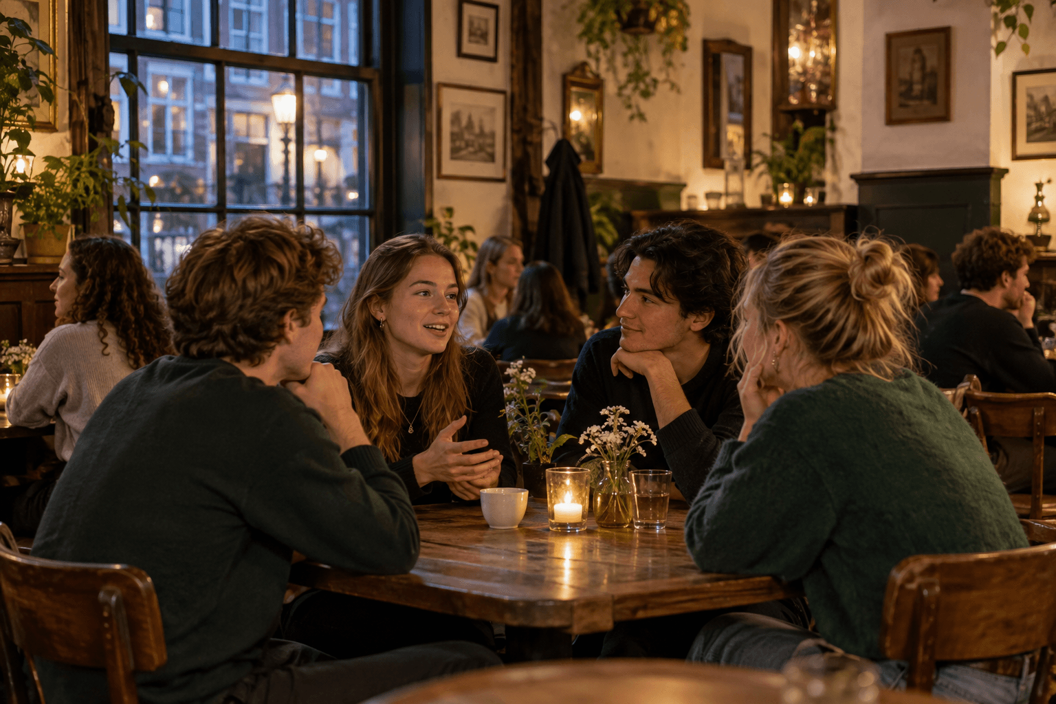 Studenten die bijpraten in een café