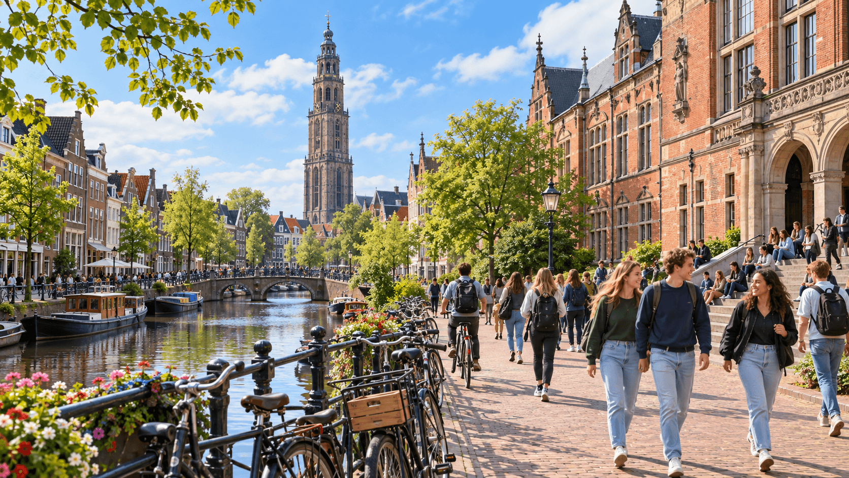Studenten, fietsen, grachten en historische gebouwen in Groningen