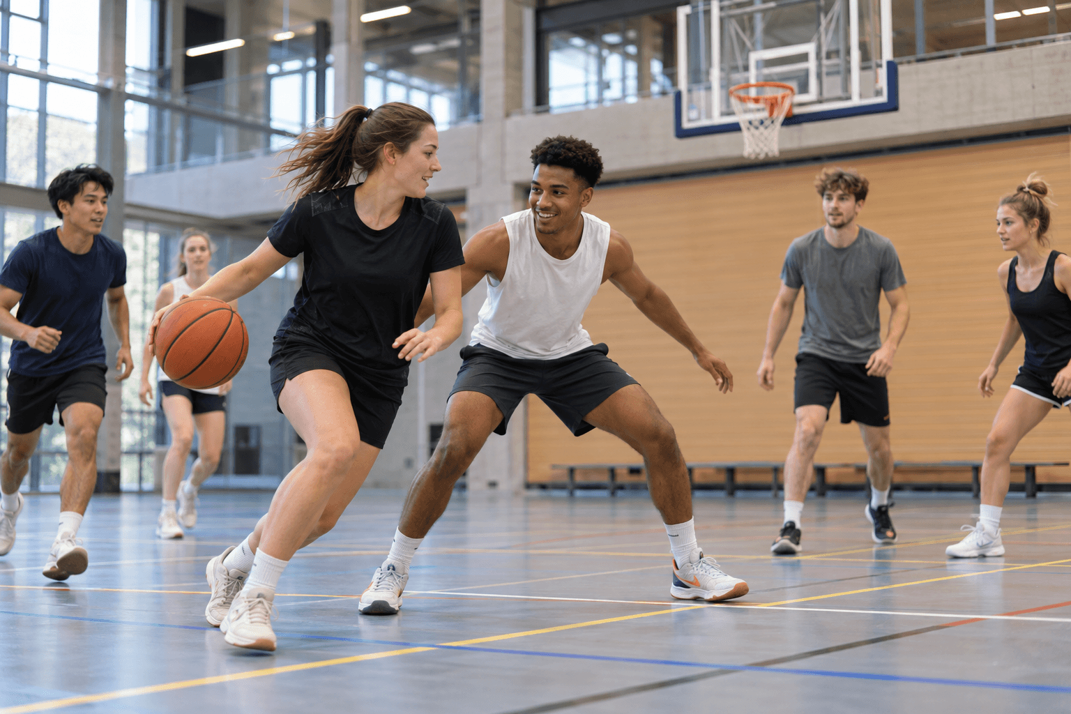 Studenten tijdens een basketbaltraining in een sporthal