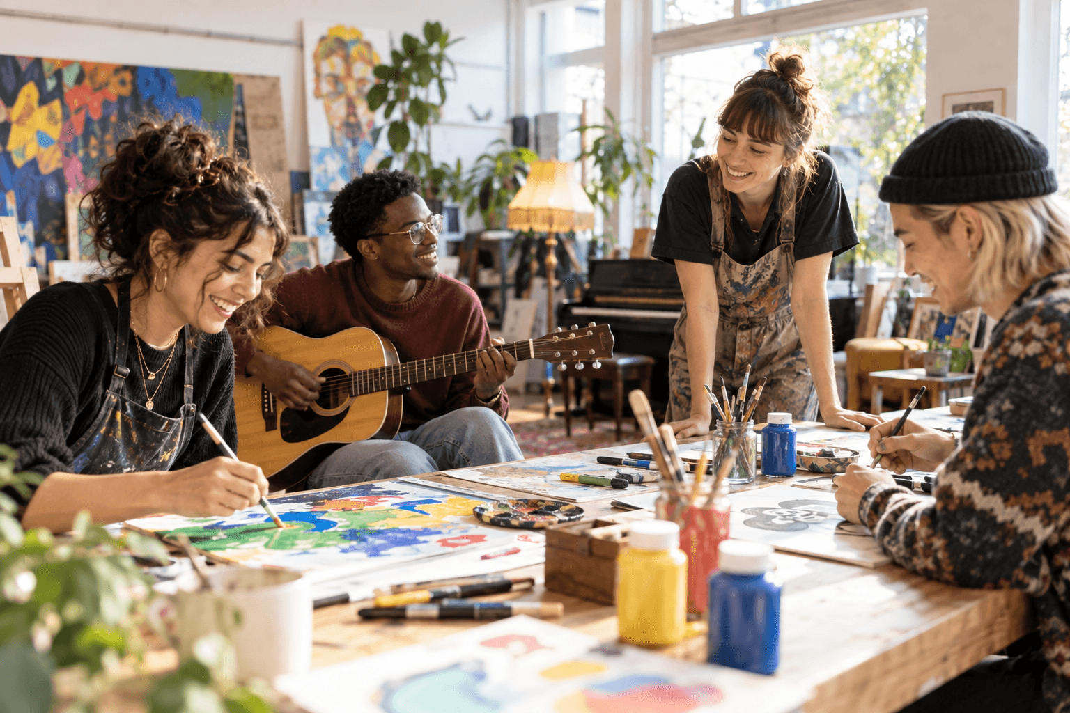 Studenten werken samen tijdens een creatieve cultuurworkshop