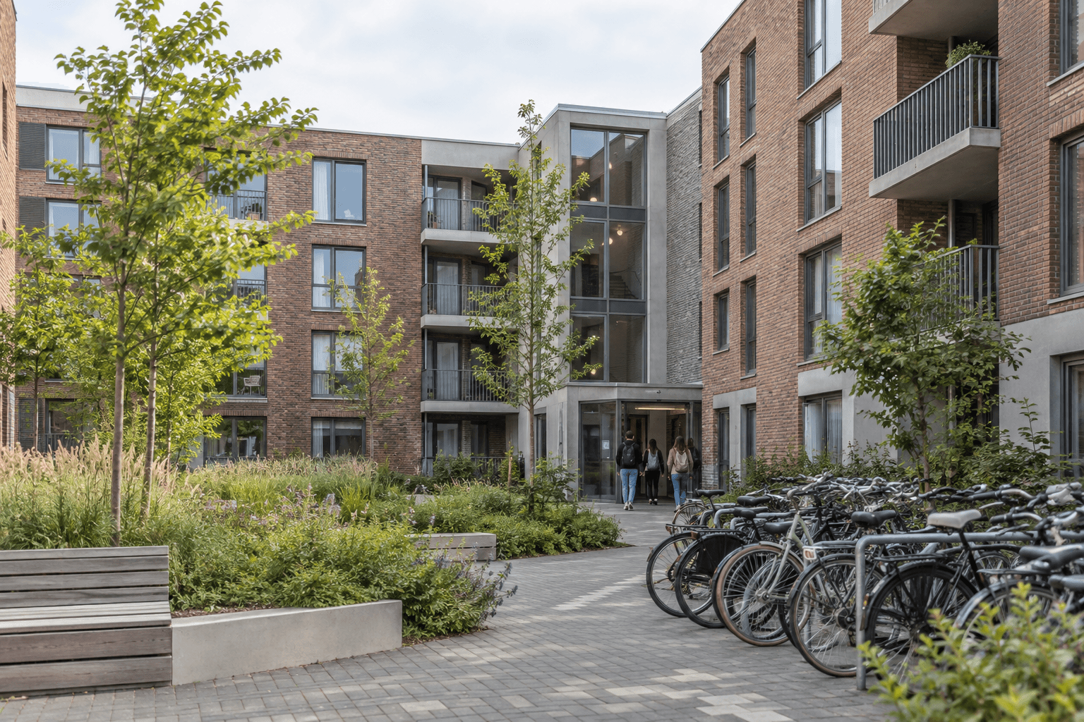Een modern wooncomplex met binnentuin en fietsenstalling