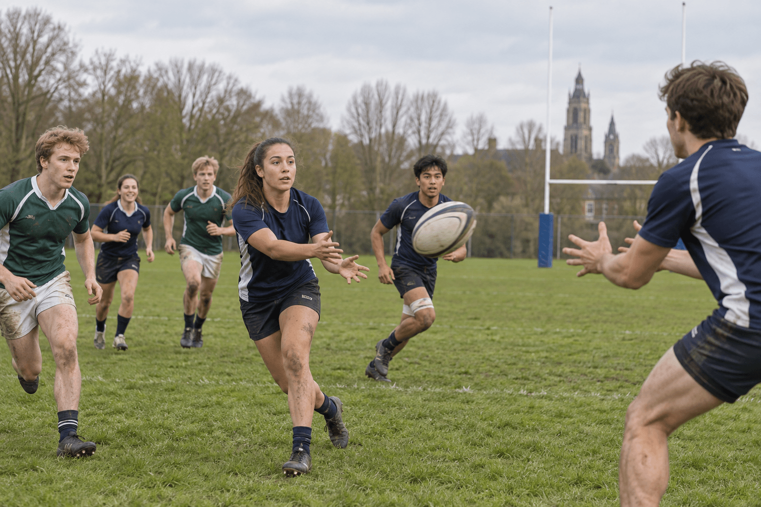 Studenten tijdens een rugbytraining op een grasveld