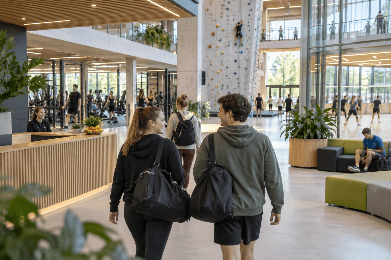 Studenten komen binnen in een modern universitair sportcentrum